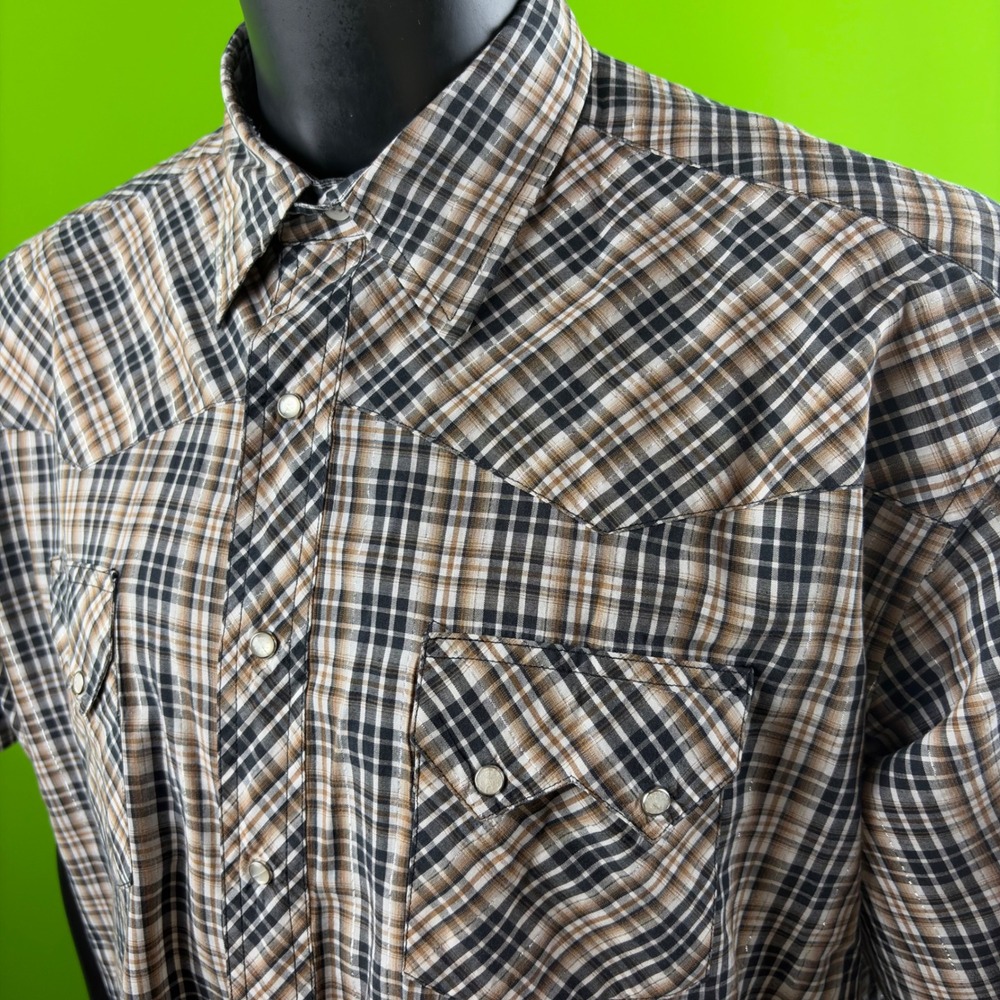Rustler by Wrangler Western Metallic Pearl Snap Shirt Mens 2XL Plaid Cowboy VTG